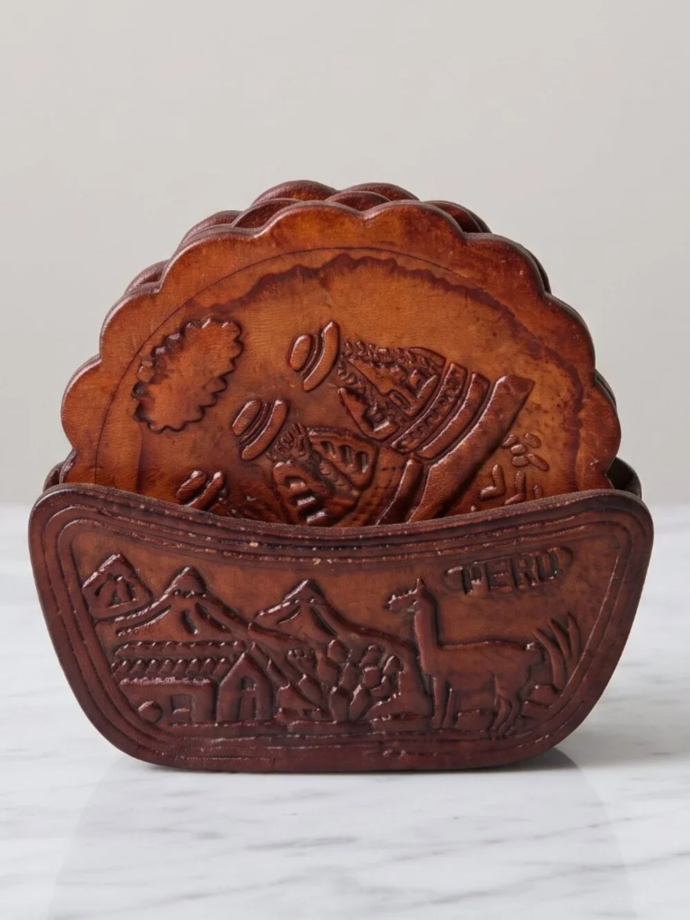 Vintage Peruvian Tooled Leather Coaster Set w/ Holder – Set of 6 Brown Stamped